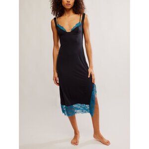 Free People Party Crasher Black and Teal Lace Midi Slip-Dress